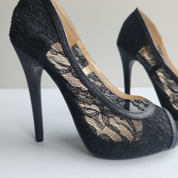 deb Size 6 Black Partial See-Through Lace Simple Pumps Stiletto Heel Peep Toe - Picture 8 of 9